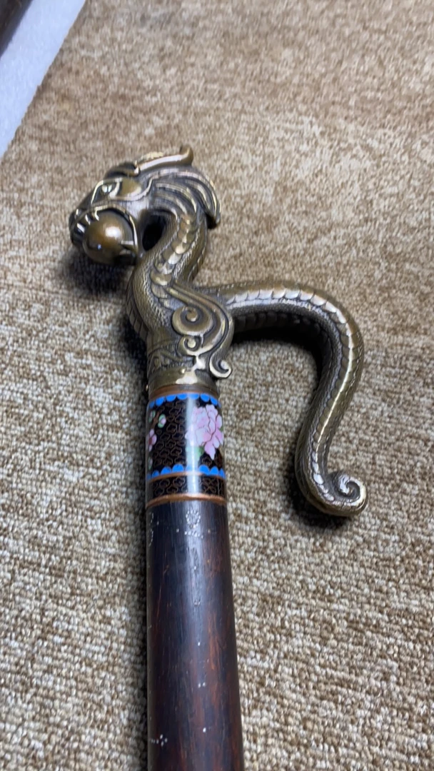 紫油梨四面银秤星老秤杆爆改珐琅彩龙头拐杖