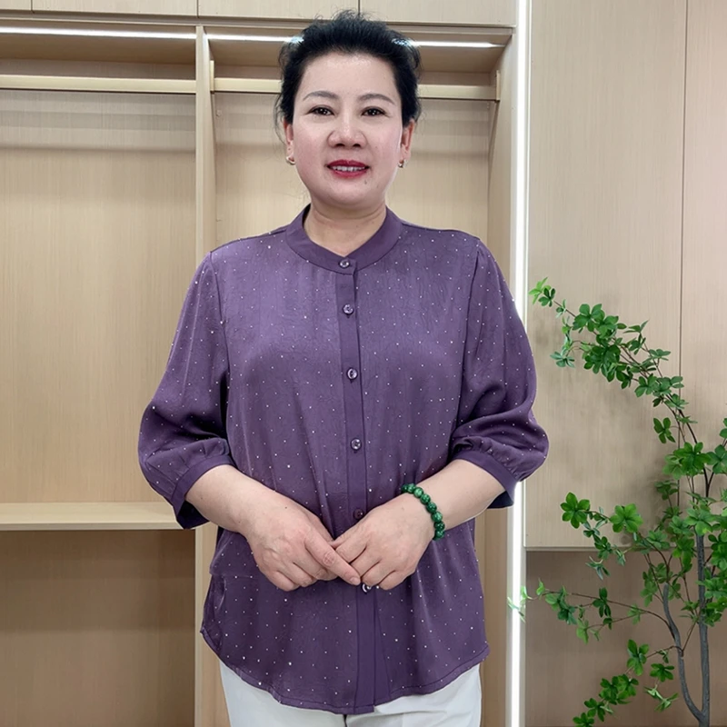 大码星光闪闪圆领中袖开衫春季新款百搭时尚女士烫钻衬衫XW12A