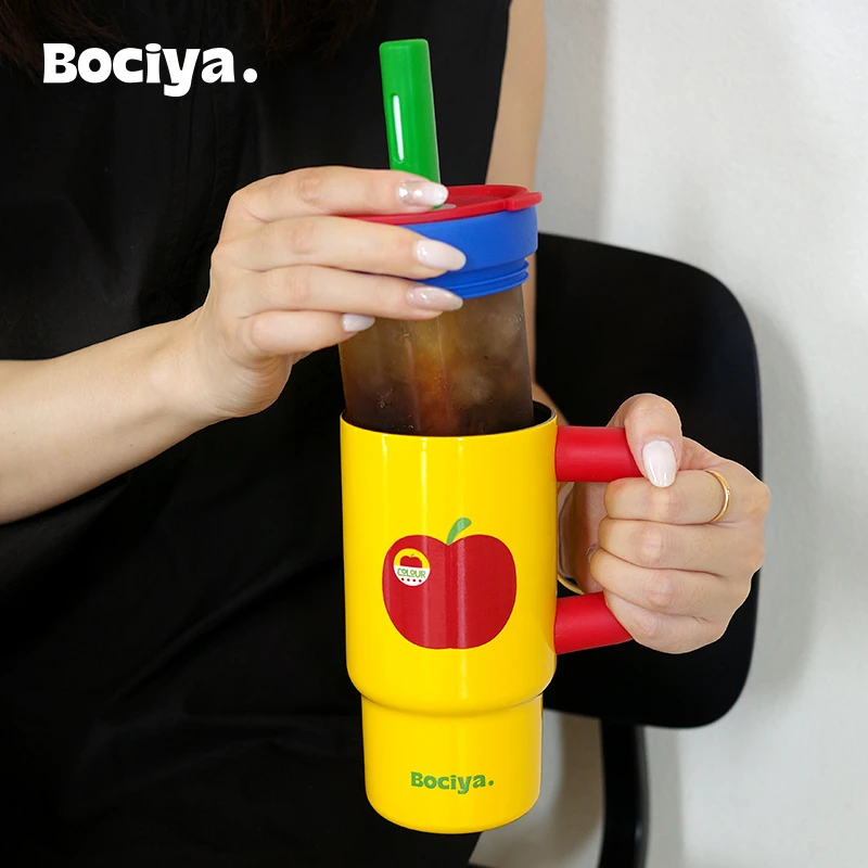 bociya水杯保温杯女高颜值大容量冰霸杯玻璃内胆把手保冷吸管杯子