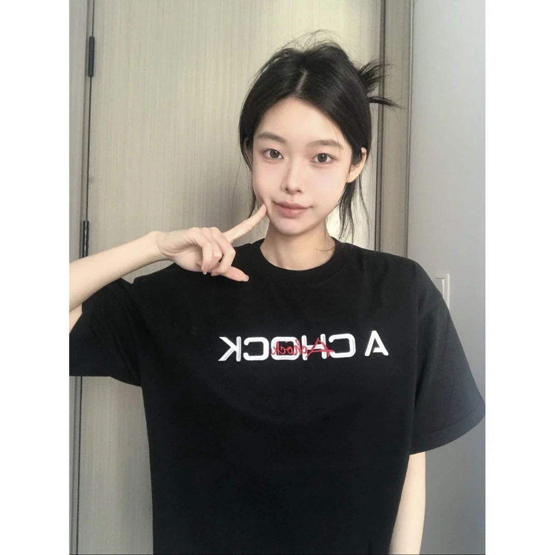 美式复古花卉刺绣圆领短袖T恤男女2025新款宽松百搭设计