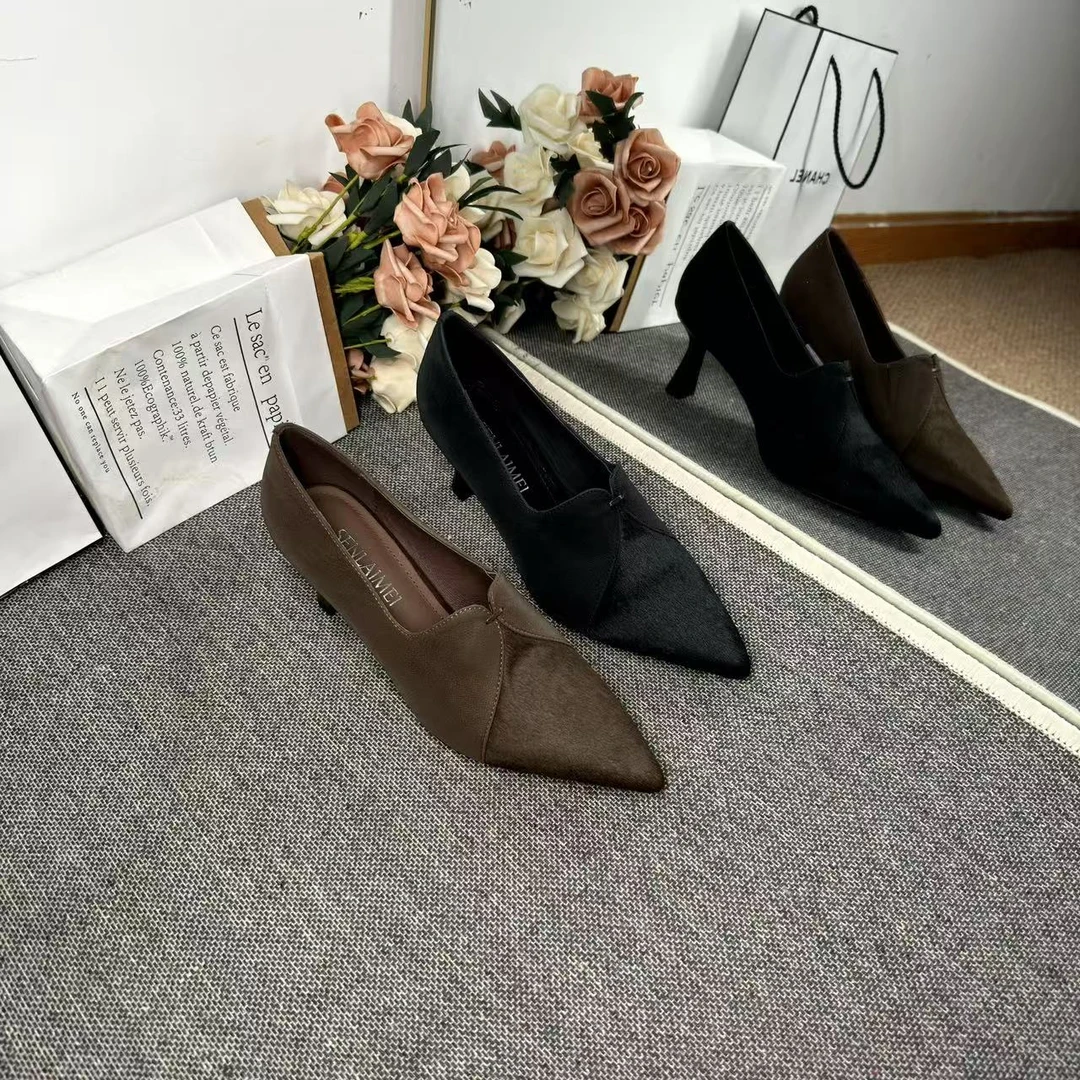 【优雅风】SLM/牛皮/6CM/33-40/9771真皮马毛拼接高跟气质时尚女鞋