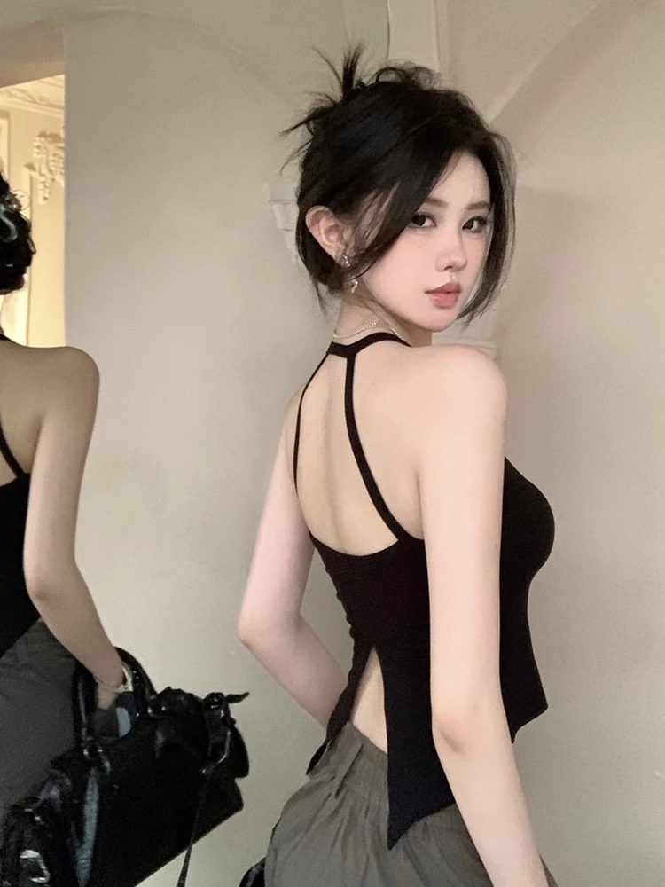 挂脖开叉美背吊带背心女短款内搭黑色内衣带胸垫性感修身瑜伽上衣