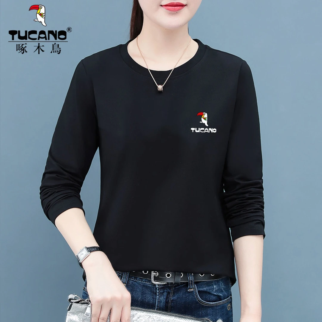 啄木鸟-春秋季2025新款长袖t恤女纯棉打底衫宽松显瘦妈妈内搭上衣