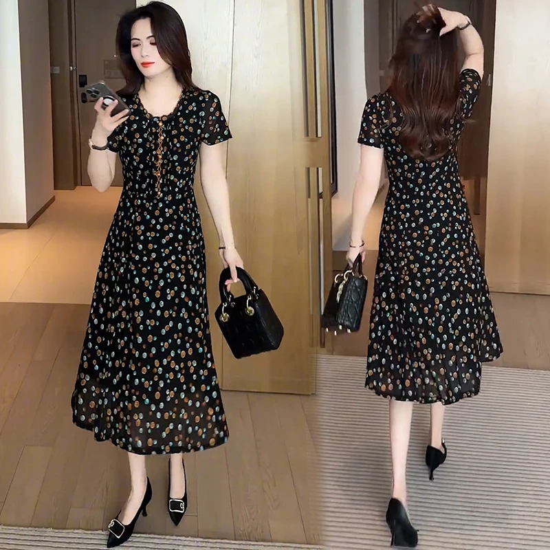 时尚连衣裙女2025夏季新款气质显瘦洋气波点宽松短袖中长款裙子潮