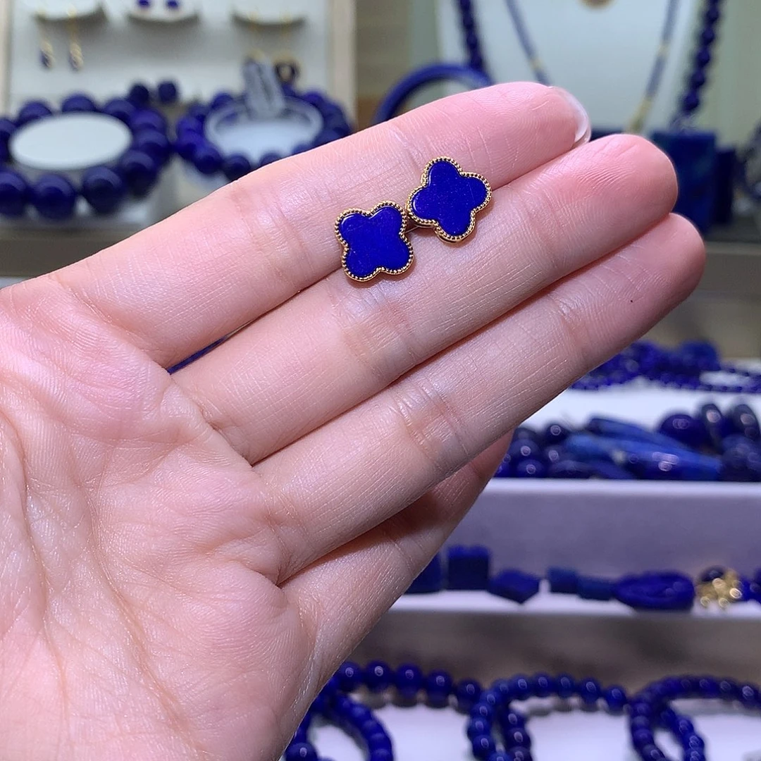 青金石合金天然原矿四叶草耳钉