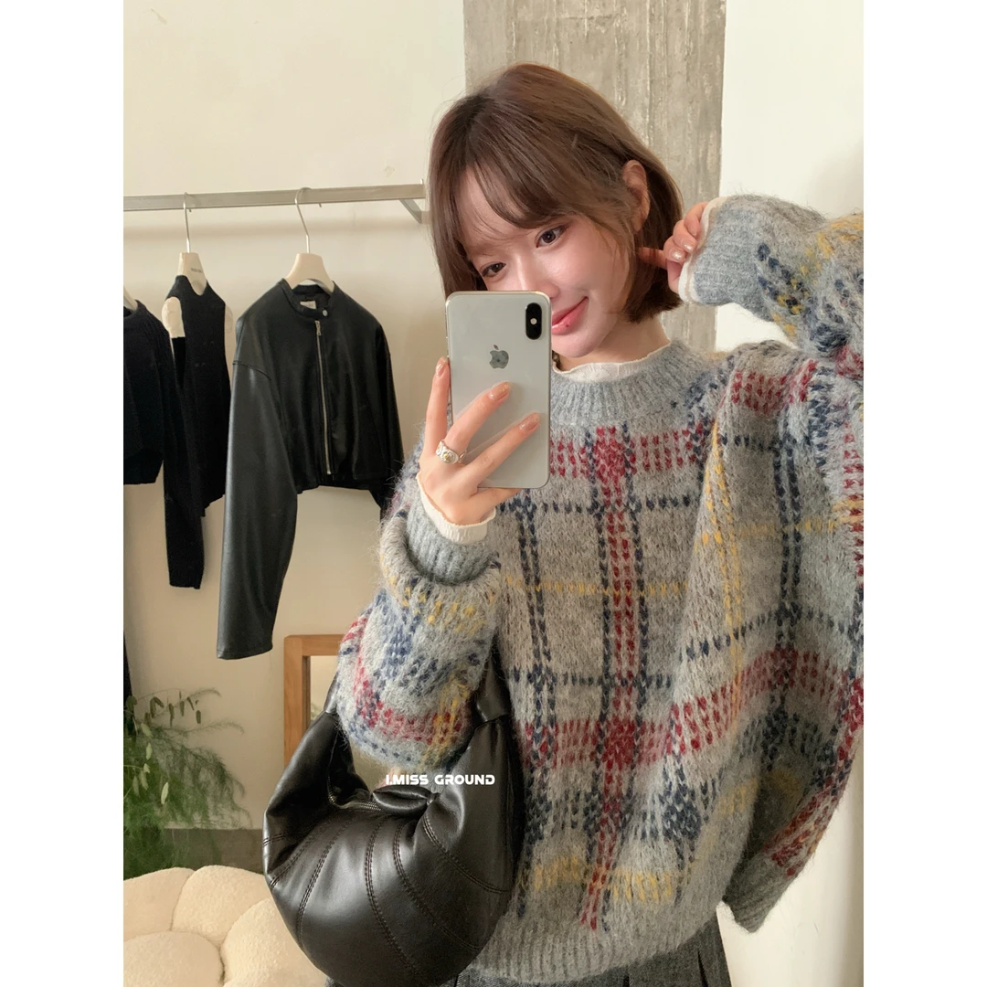 IMISS-新韩标圣诞款～复古格纹羊毛套头保暖毛衣（含8羊毛）H9913