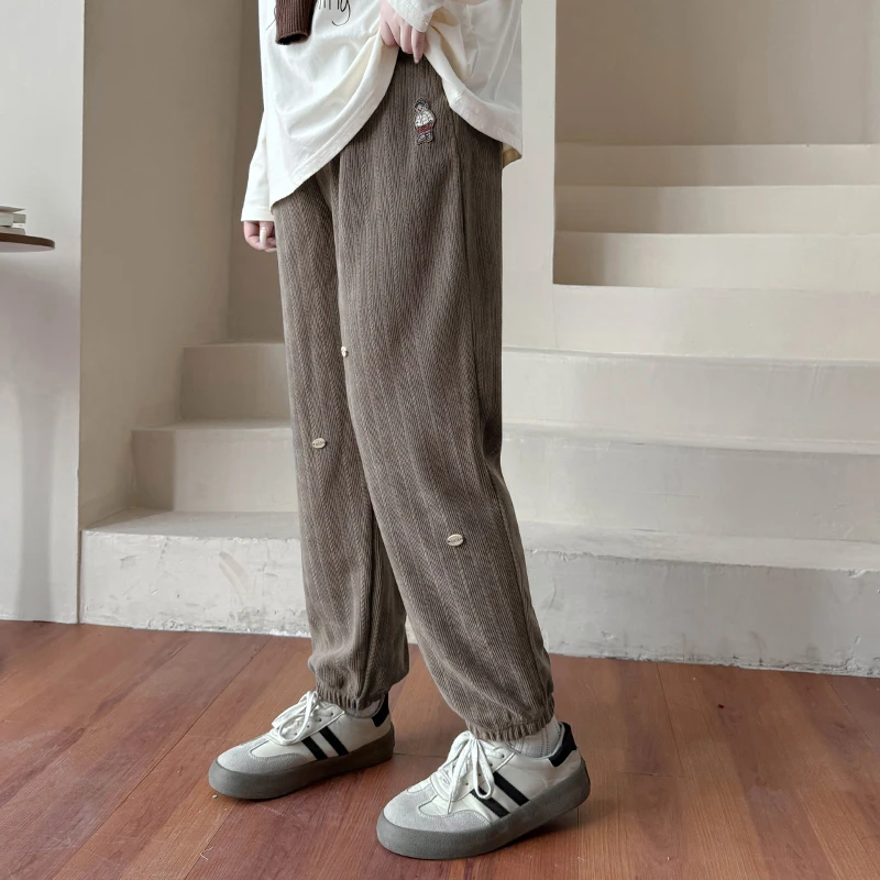 B3299-1大码女装【潮牌美式束脚裤】复古高腰早春季小熊刺绣休闲裤