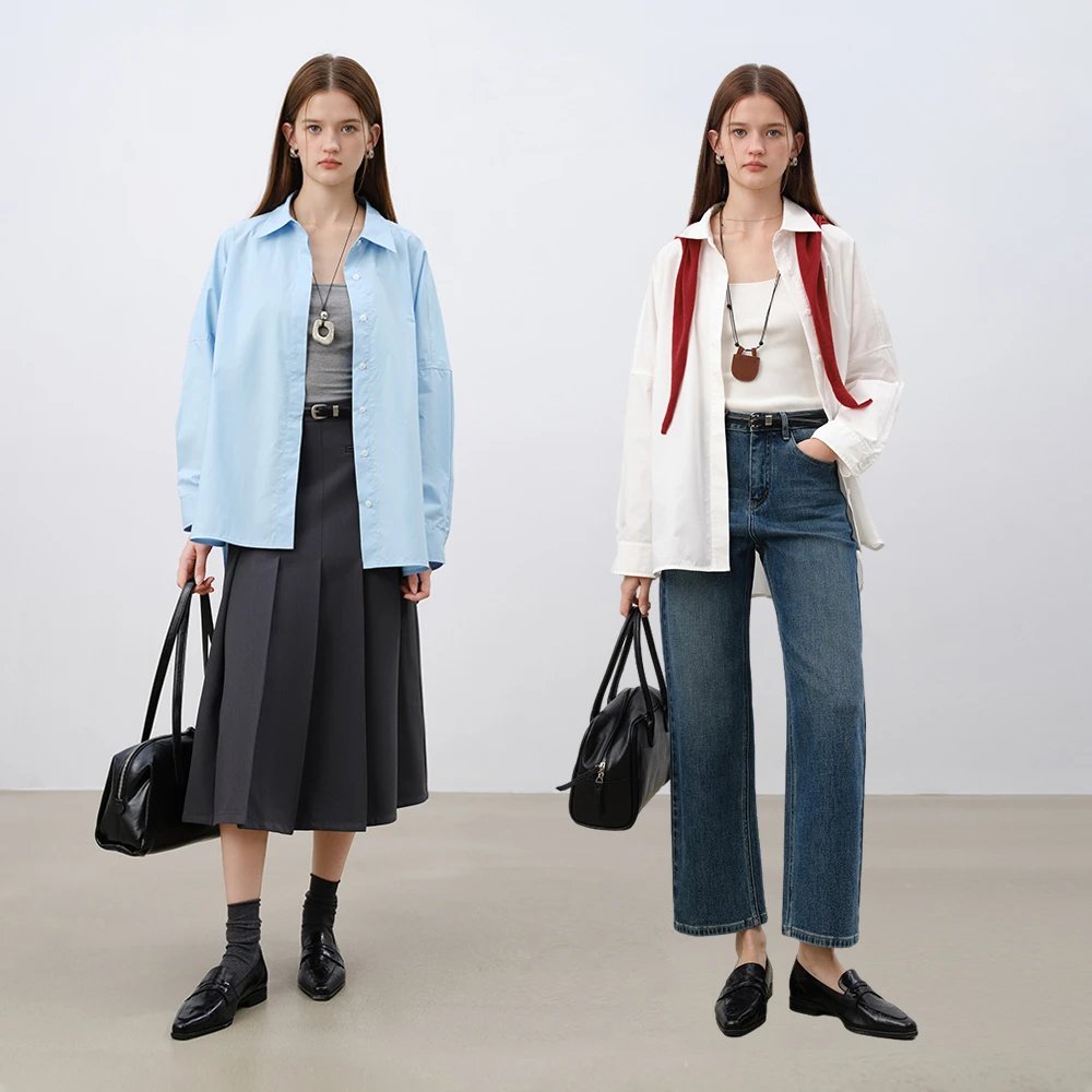 自巧小个子女装落肩宽松慵懒白色衬衫百搭通勤韩系衬衣 25ZQ91092