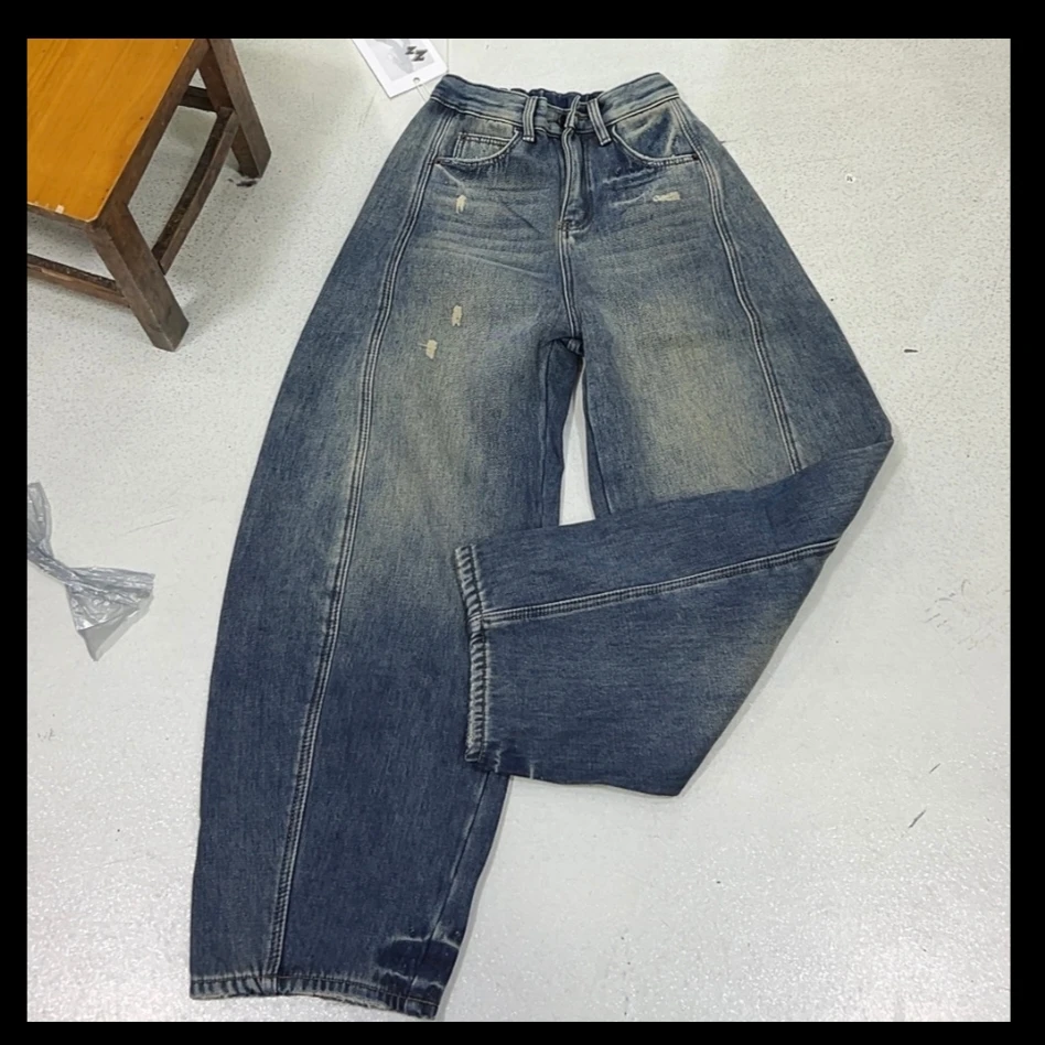 冬季新款复古蓝加绒加厚宽松显瘦百搭垂感牛仔阔腿裤女