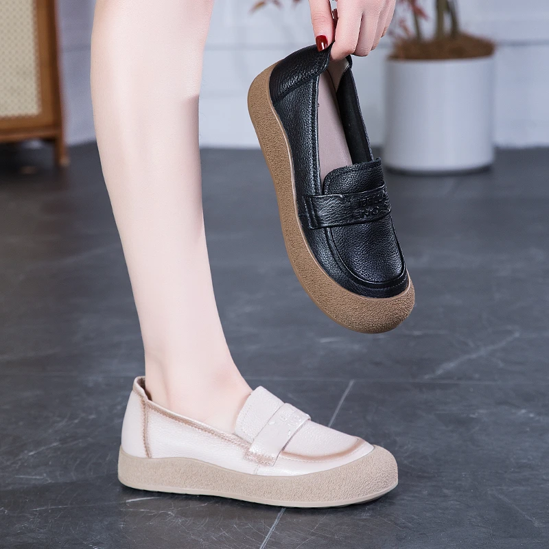 真皮女鞋2025新款春秋浅口女鞋牛皮平底软底单鞋一脚蹬休闲妈妈鞋