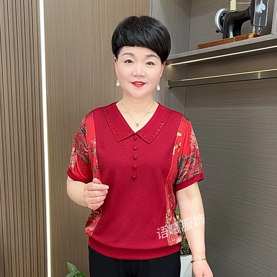 时尚翻领薄款宽松型中老年女装中老年小衫夏季女装女士妈妈装F850