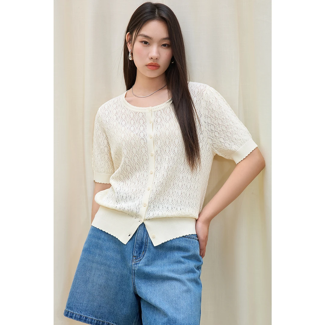 独束微胖大码女装纯色圆领通勤针织开衫宽松短袖小衫25DS82230