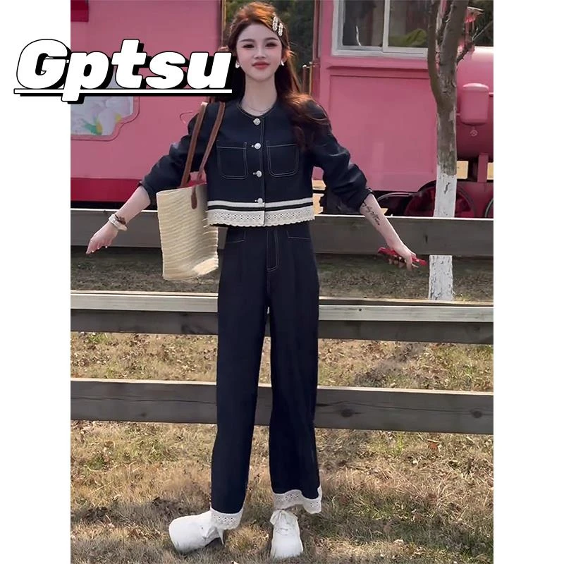 GPTSu小个子气质蕾丝牛仔外套阔腿裤女2025秋季独特漂亮休闲套装