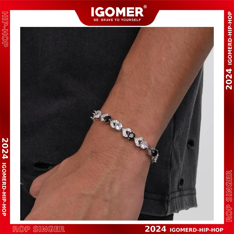 铜合金锆石手链 IGOMER美式黑白双拼网球手男士小众街头配饰复古