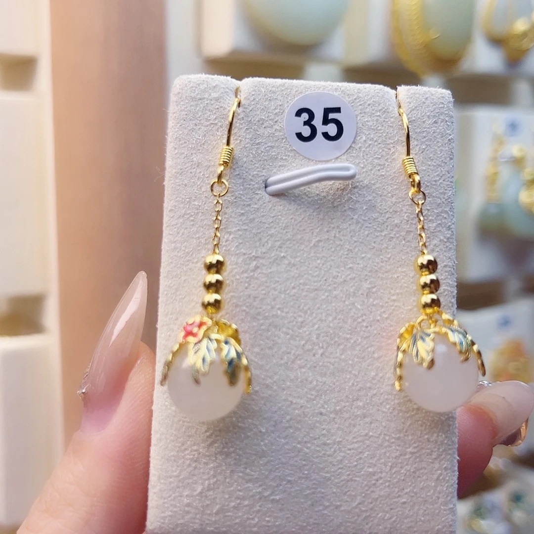 和田玉银S925镀金镶嵌耳饰