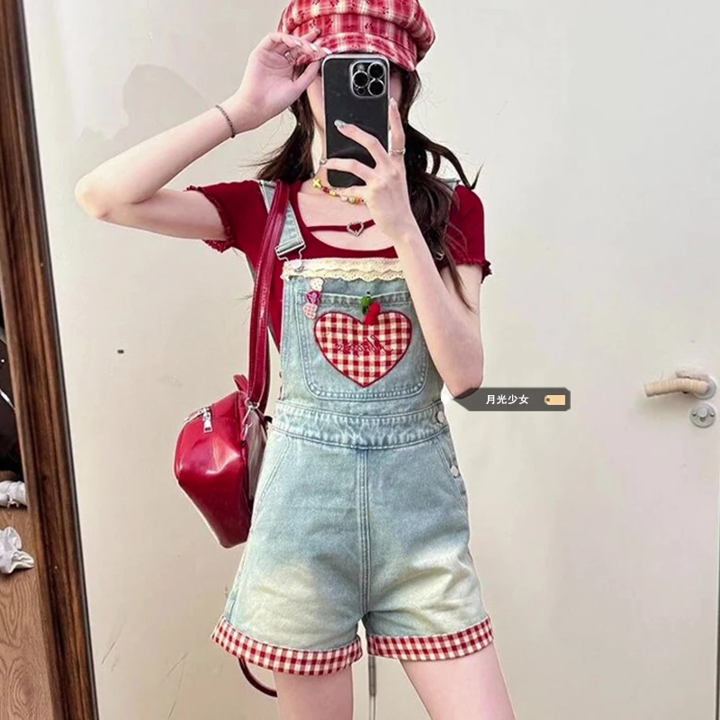 甜美减龄学院风夏季新款拼接格子爱心牛仔背带裤女显瘦修身小个子