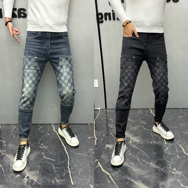 欧货爆款百搭小脚设计感牛仔裤男修身时尚美式秋冬季印花拼接潮流