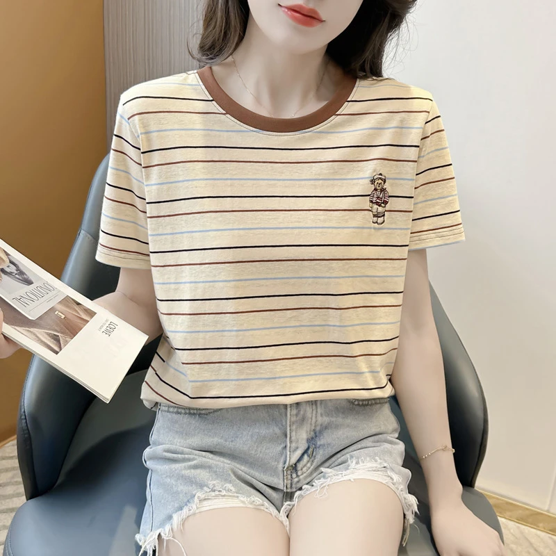2025夏季新款圆领条纹撞色t恤夏季短袖女士女宽松百搭设计感上衣