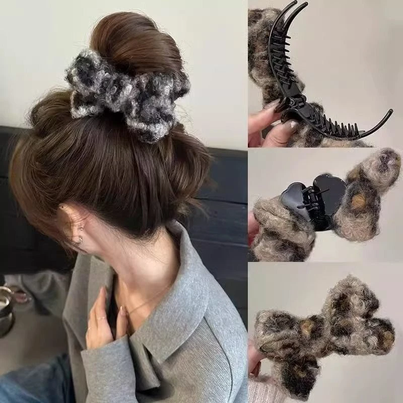 复古羊羔毛绒丸子头抓夹女秋冬高马尾固定防塌夹子发卡后脑勺盘发