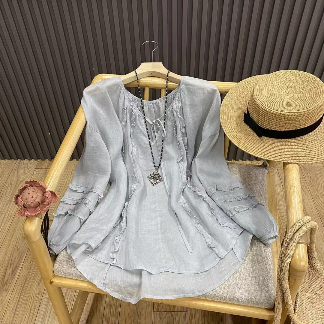 木耳边流苏系带V领苎麻长袖衬衫文艺减龄百搭宽松罩衫女C82077