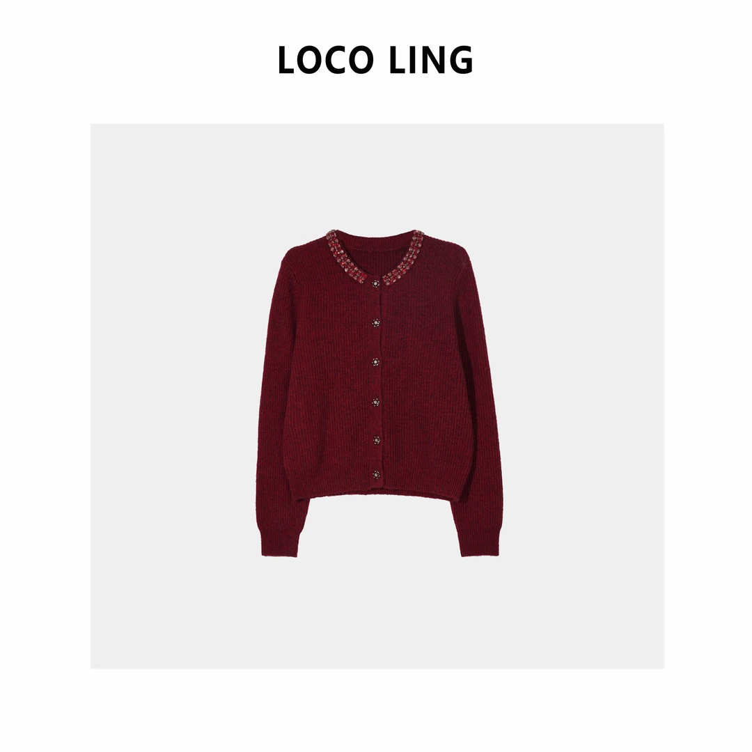 LOCO LING年夜饭 奢华马海毛绵羊毛混纺手工镶钻毛衣开衫LOKS37