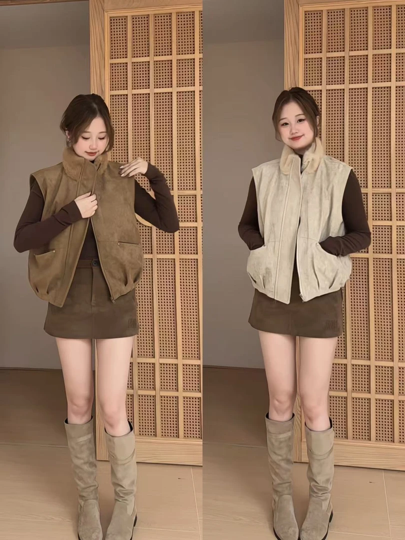 MAMIE【麂皮绒马甲】冬季复古加绒毛毛翻领别致小众宽松拉链外套