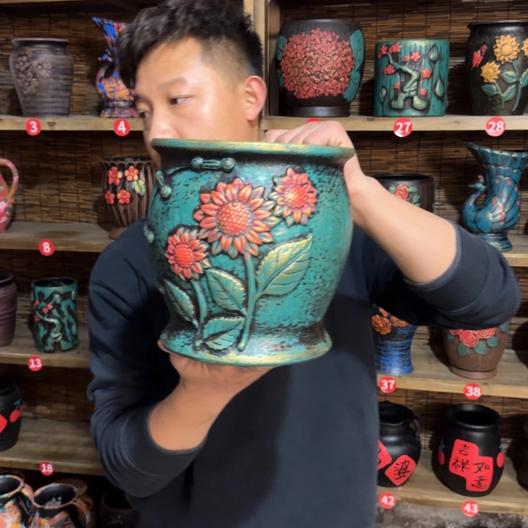 带孔高端红陶浮雕花盆炸炸炸