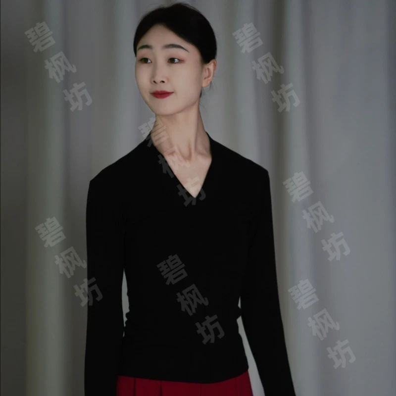 现代舞服长袖通勤风螺纹染色V领内搭复古显瘦修身