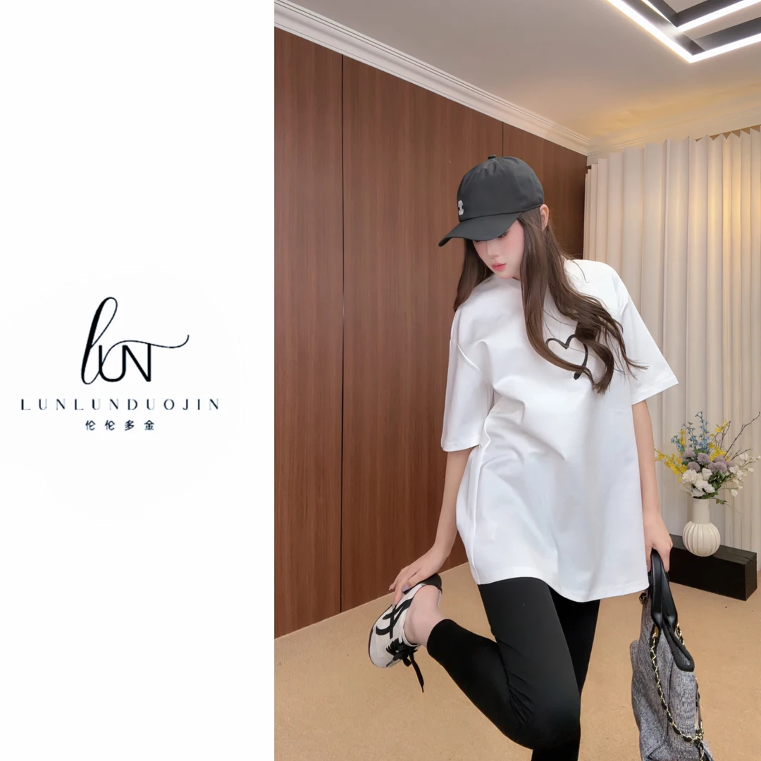 Lun-2025春夏新款时尚休闲百搭夏季宽松刺绣舒适圆领T恤
