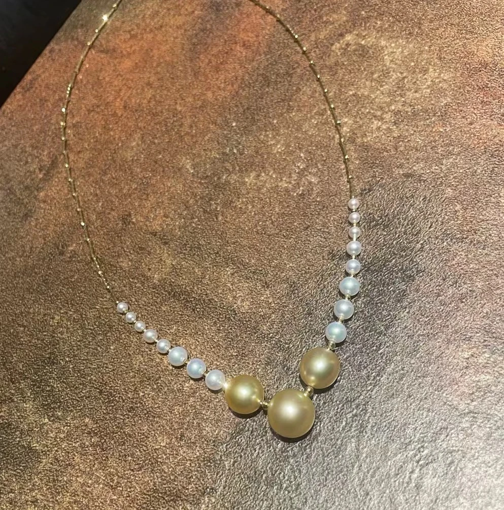 【芊选】海水南洋金珠9-11mm+淡水珍珠3-7mm微笑项链18K金