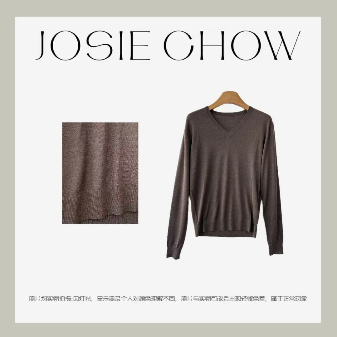 JOSIE CHOW【丝质】女款丝织休闲小V领老钱风长袖针织。RW732183