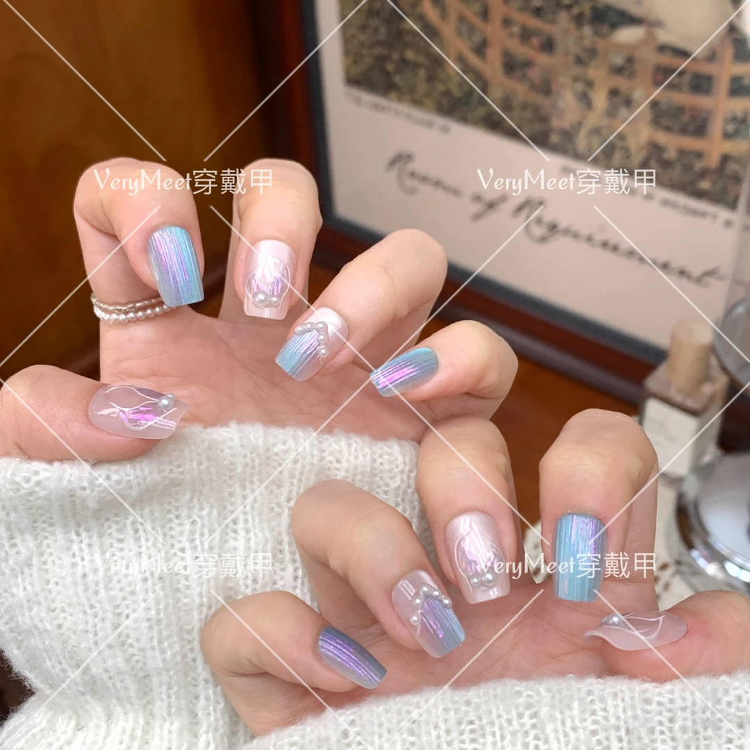 VeryMeet穿戴甲珍珠猫眼蓝色梦幻人鱼短方甲小清新仙女美甲贴P45