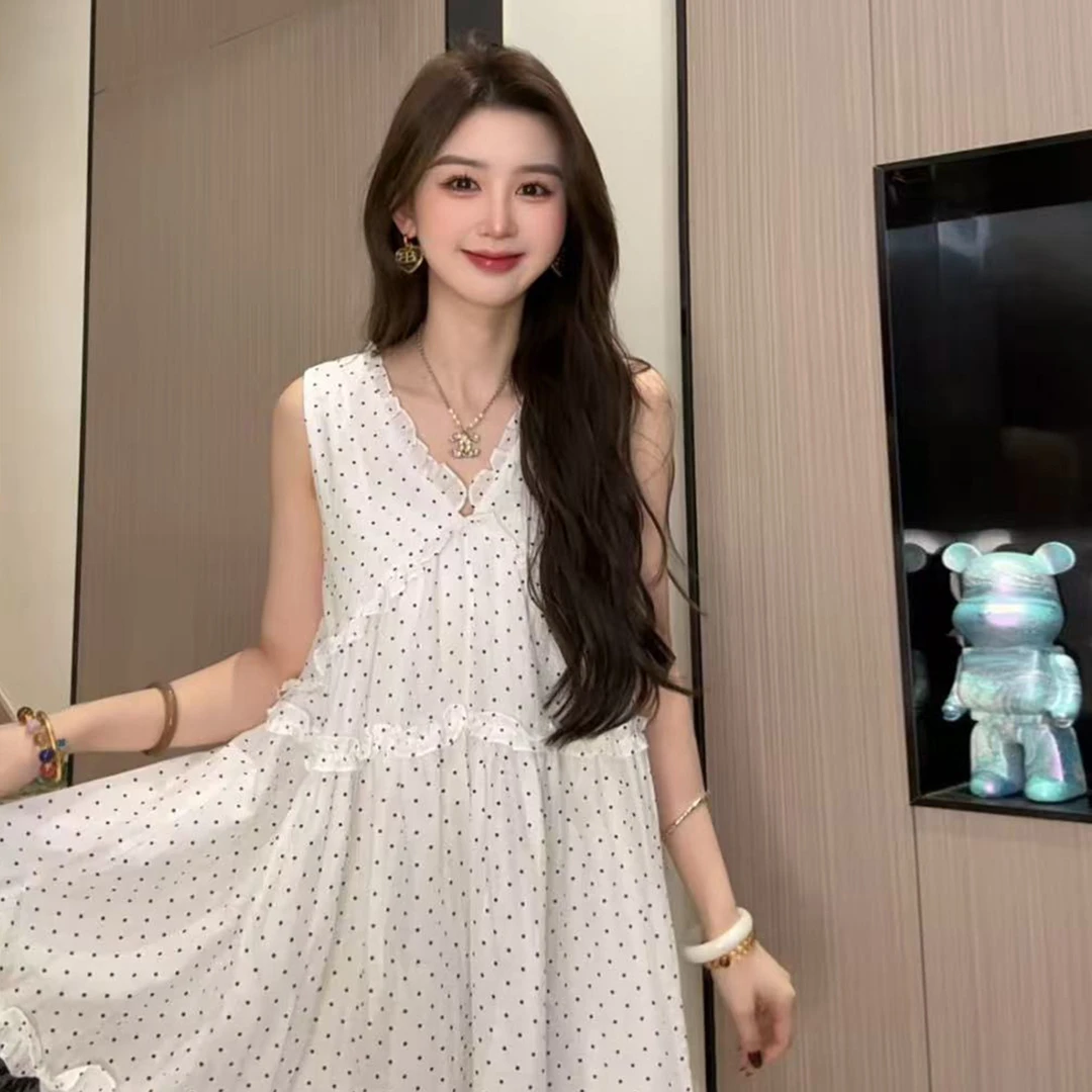 5162【马琦尧专属】花间语无袖波点小个子甜美可爱风格气质小众短裙