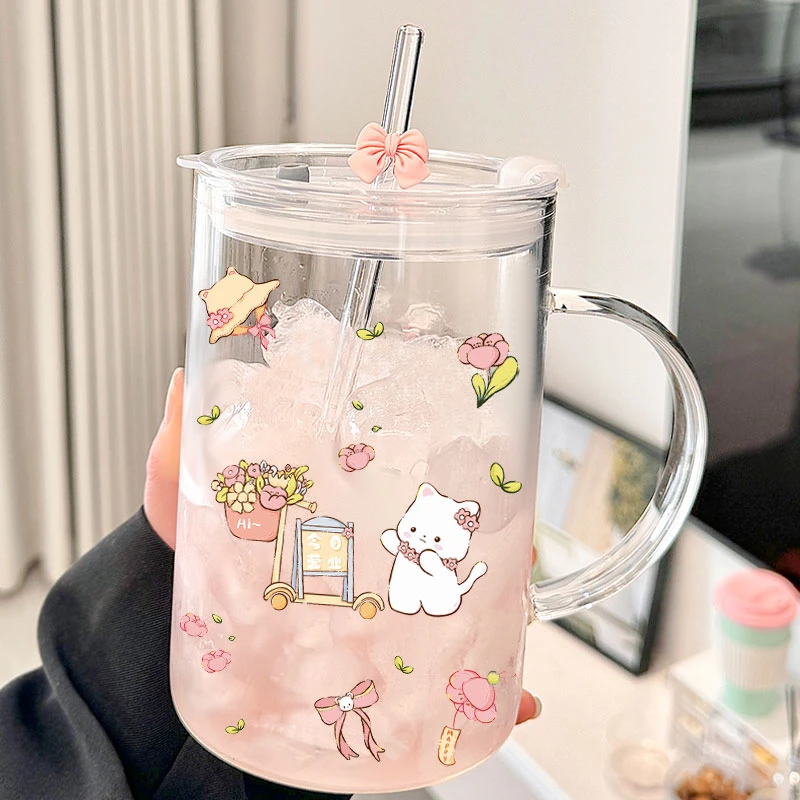 大容量1000ml玻璃杯子带把带盖泡茶牛奶杯可爱女卡通吸管ins水杯
