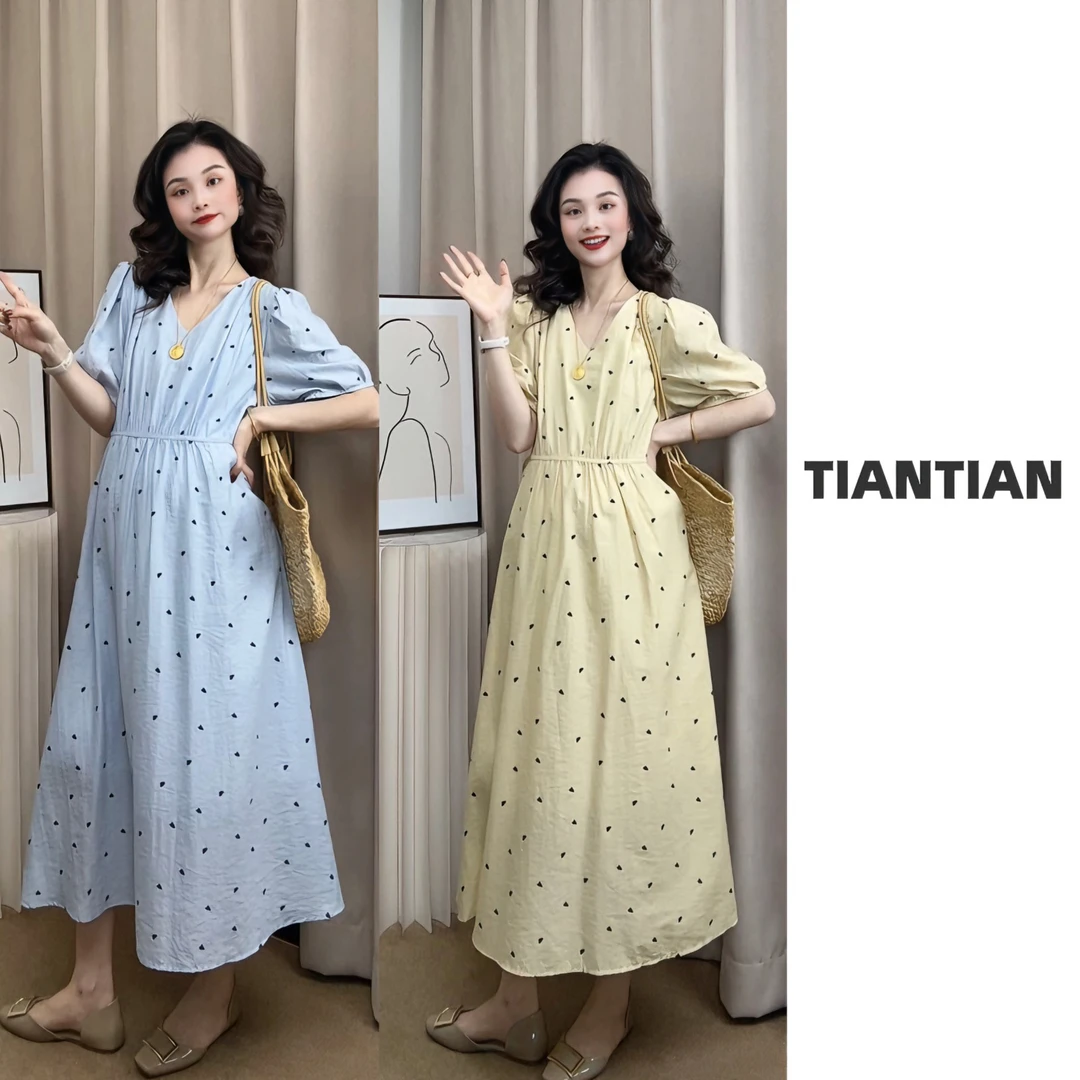 【恬恬】2025夏季【无麻不夏】V领显瘦系绳短袖孕妇连衣裙#646