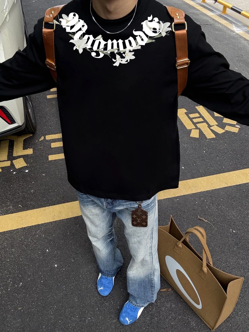 重磅纯棉ins潮牌长袖T恤男女宽松美式高街印花秋季上衣落肩打底衫