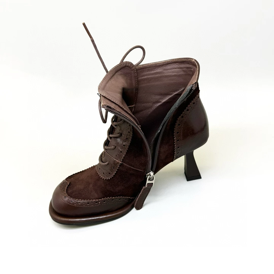 时装靴女靴复古绒里短靴棕色秋冬粗跟系带