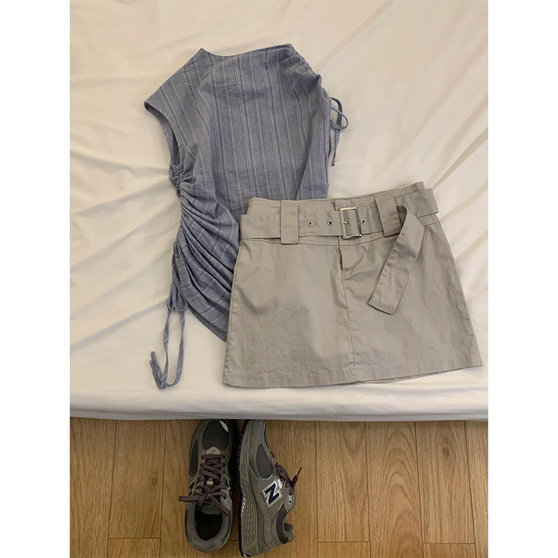 韩系复古工装风无袖抽绳条纹上衣高腰A字半身裙套装女气质两件套