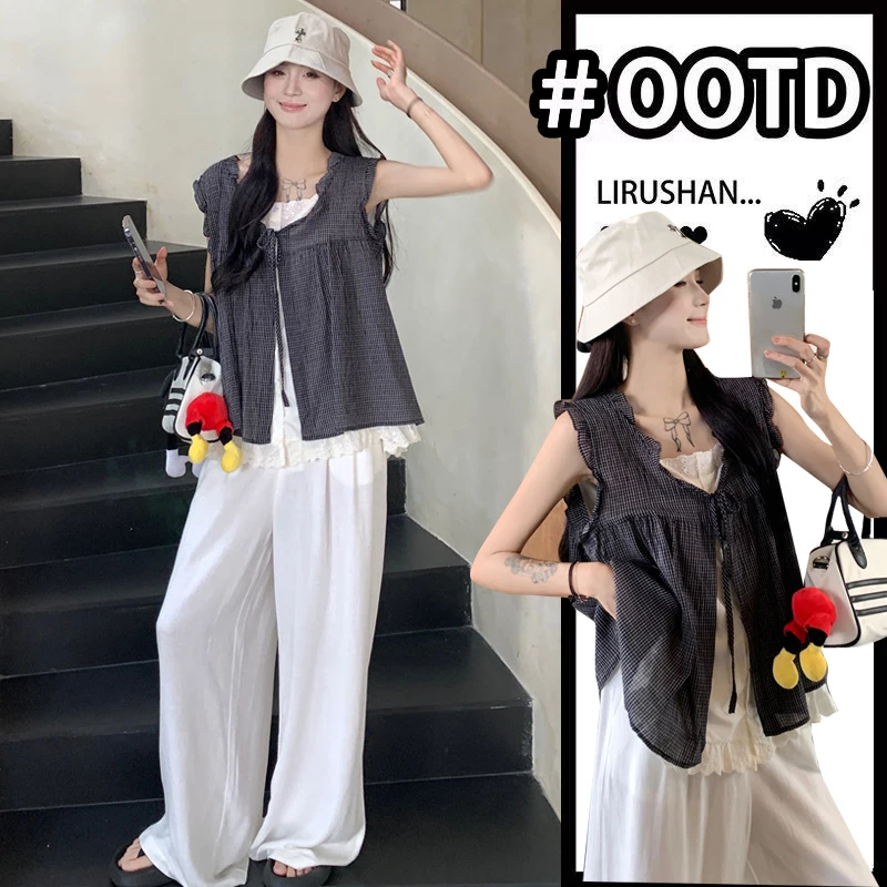 2025新款孕妇装夏季舒适精致宽松系带假两件上衣托腹阔腿裤两件套