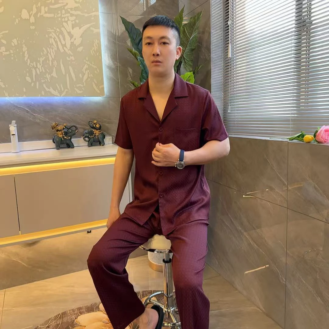 2025男士醋酸（短袖长裤暗紫红）提花工艺睡衣家居服
