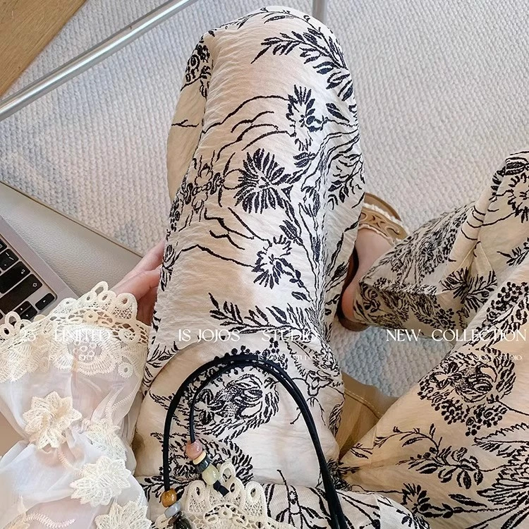 复古印花拖地阔腿裤女夏薄款2025新款宽松慵懒风显瘦直筒休闲裤子