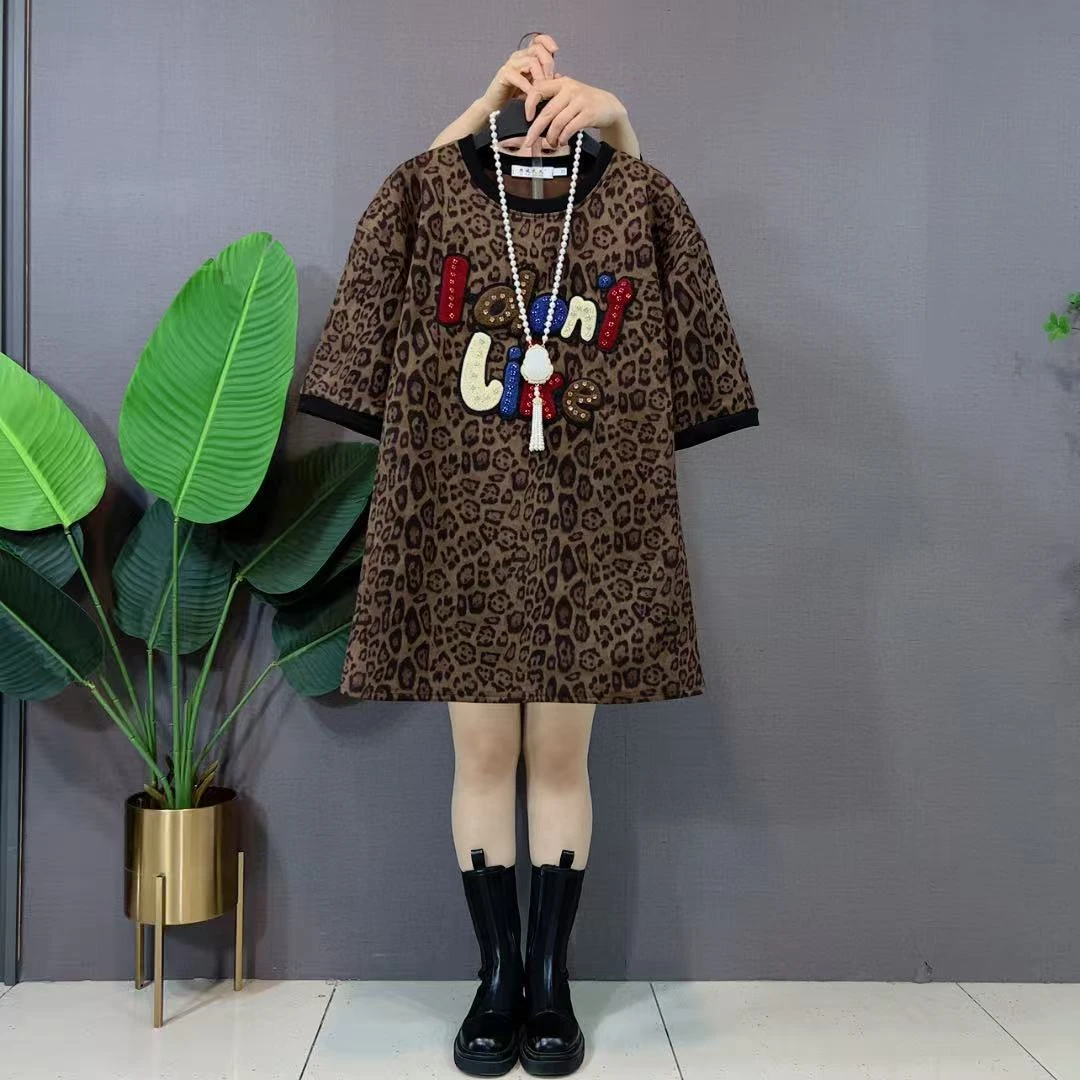 欧货豹纹短袖女卡通爆款加厚宽松慵懒风圆领半袖打底上衣秋冬上衣