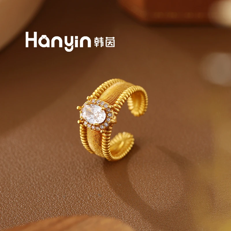 铜合金合成锆石手链 新中式大颗粒椭圆微镶宽版开口戒指