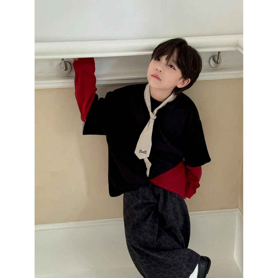 in 爱:nl25秋季儿童复古帅气假两件T恤男童韩版潮牌洋气上衣91081