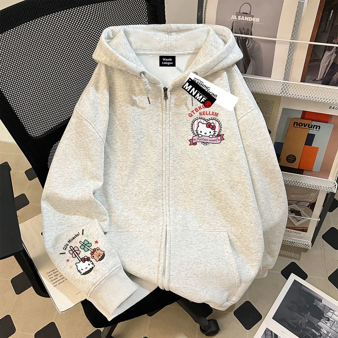 可爱秋冬季女童棒棒糖kitty猫印花拉链连帽卫衣时中大童百搭外套