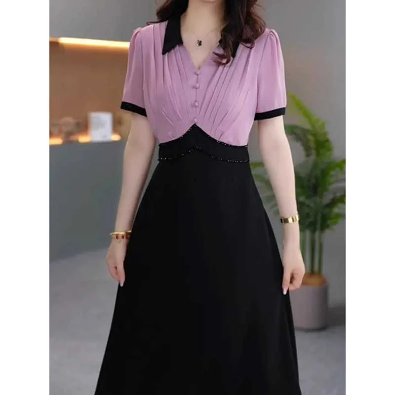 V领收腰显瘦连衣裙子女士新款中长减龄洋气气质D0940