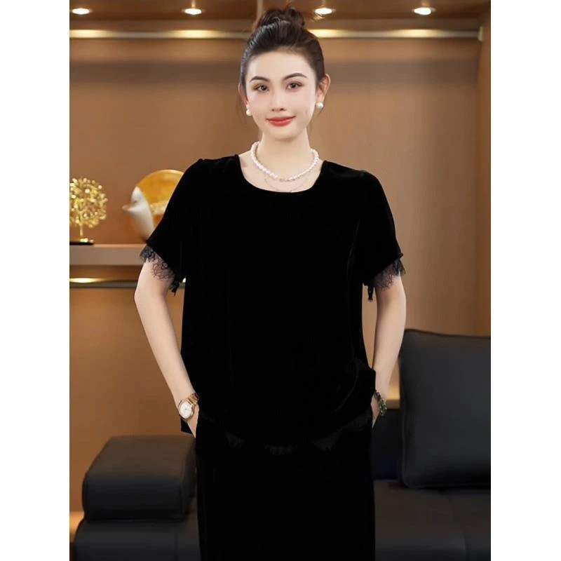 2025真丝丝绒圆领后背开叉上衣