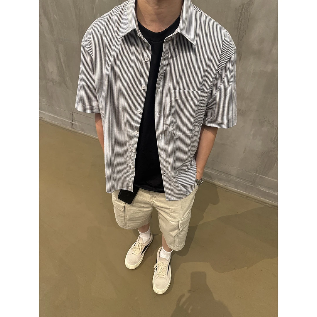 条纹短袖衬衫男夏季潮流痞帅半袖衬衣2025新款高级感港风日系外套