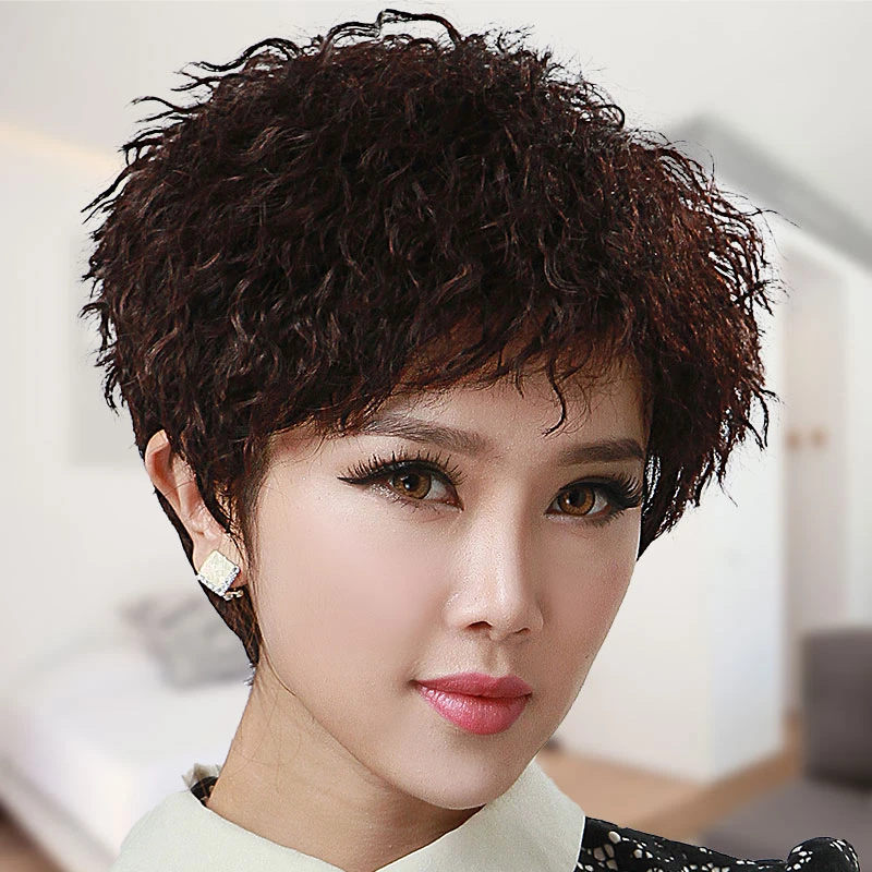 假发女全头套真人发丝中老年短发发型日常妈妈减龄卷发自然羊毛卷