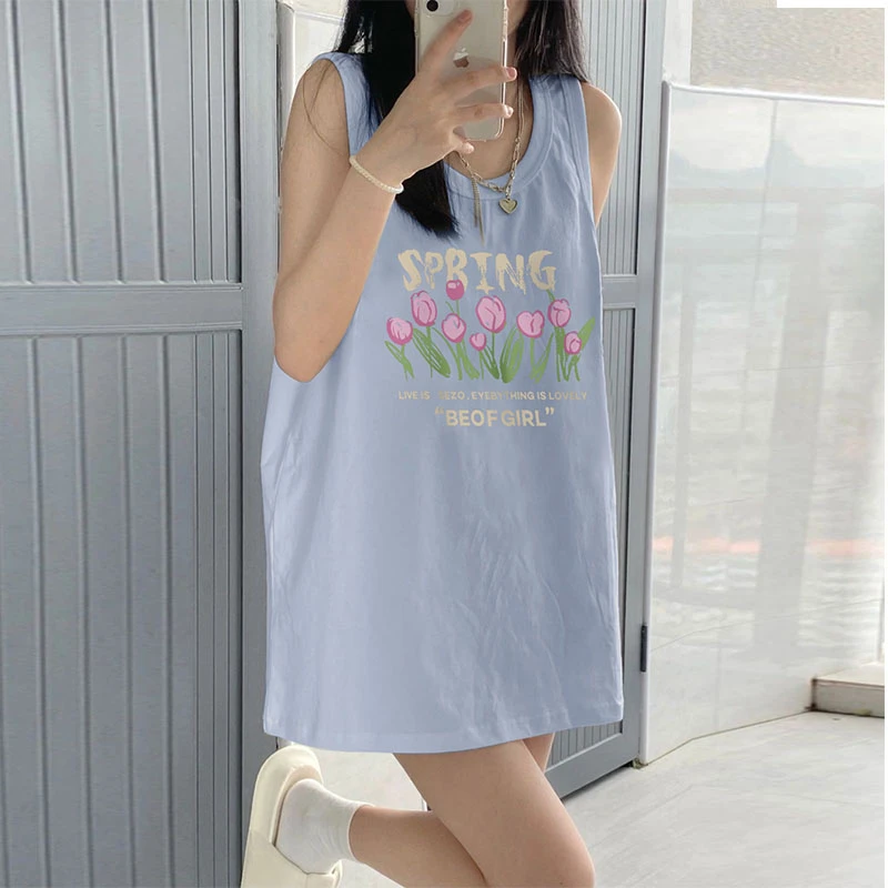 美式甜酷辣妹创意印花奶蓝色纯棉无袖T恤女夏季宽松坎肩背心上衣
